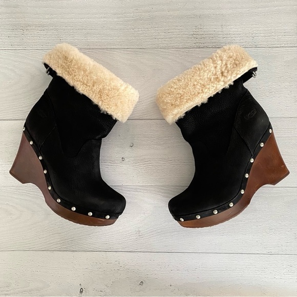 UGG Shoes - UGG Carnegie Cuffed Shearling Boots Black Suede Leather Platform Sz 8